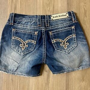 Rock Revival Dark Blue Jean Shorts with Tan Accents